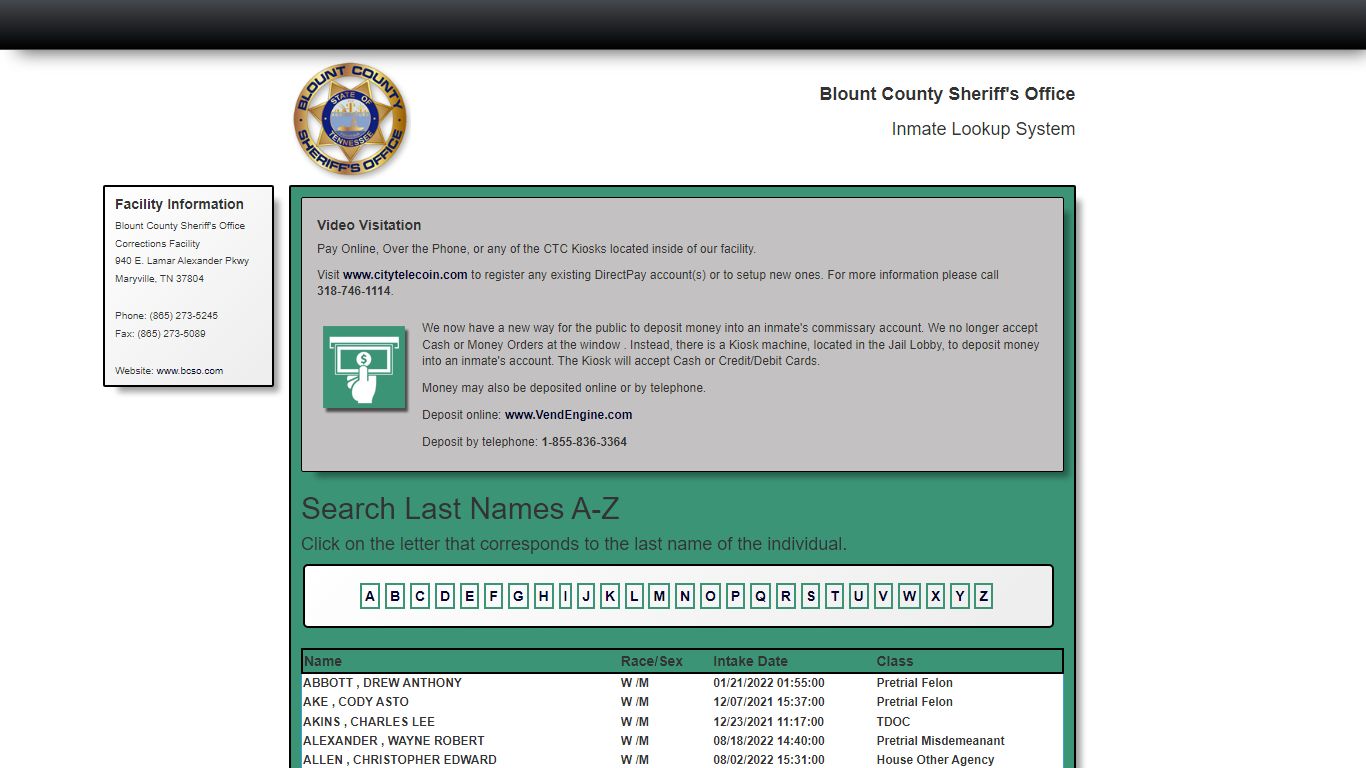 Search A-Z - Currently Booked - bcso.com